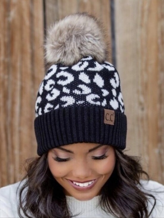 C.C Accessories - Last Two! Stylish Black and White C.C. Beanie w/Leopard Print & Faux Fur Pom